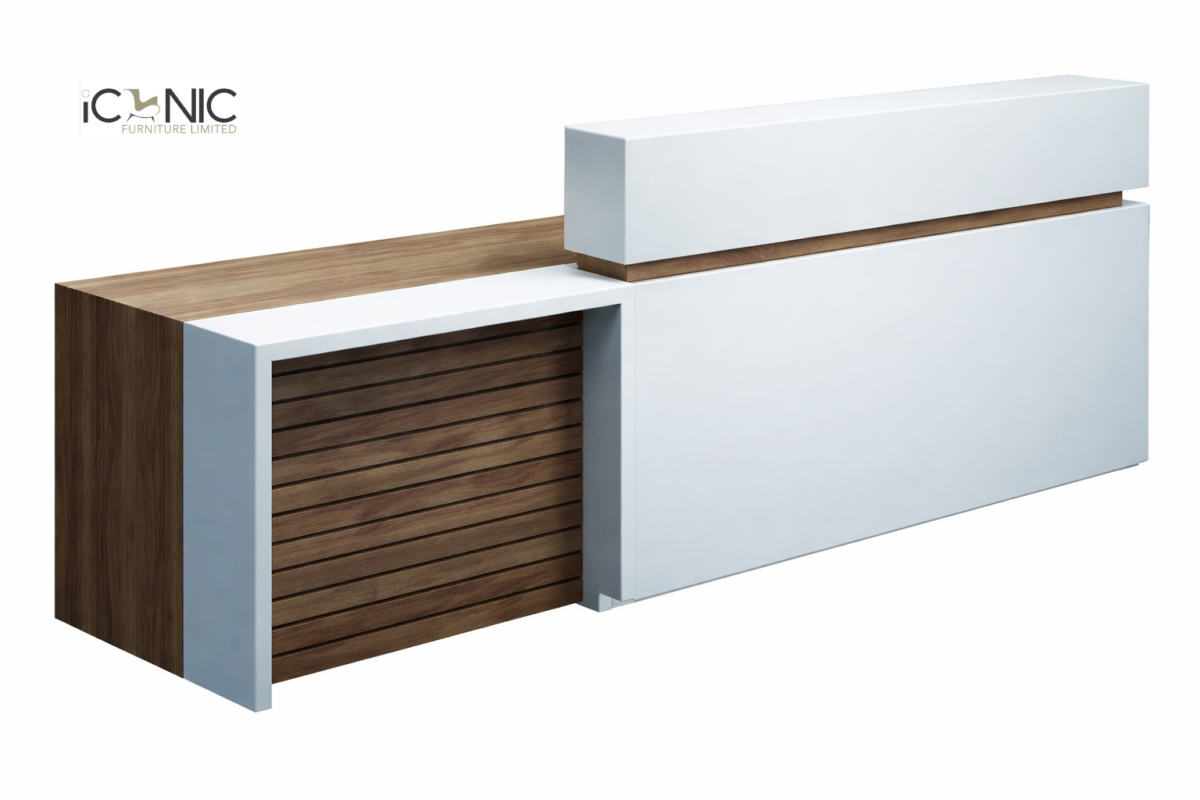 Sleek modern reception desk design for office and corporate space