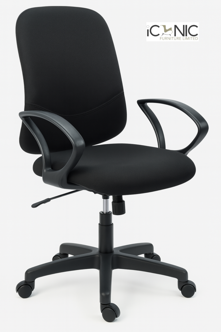 Black rexin executive chair with PVC handle MS frame and wheels for office