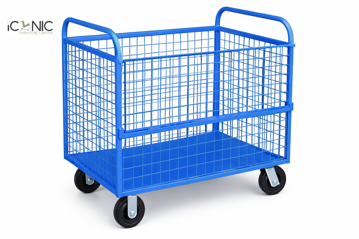 Industrial mesh trolley for warehouse and factory storage