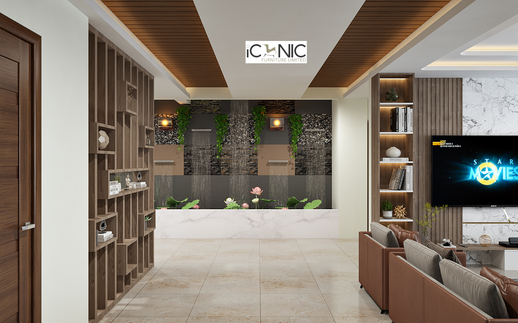 Modern formal living room interior with luxury sofa and stylish lighting