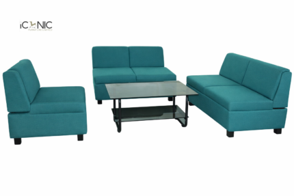Modern teal seating sofa set with glass table for stylish living room
