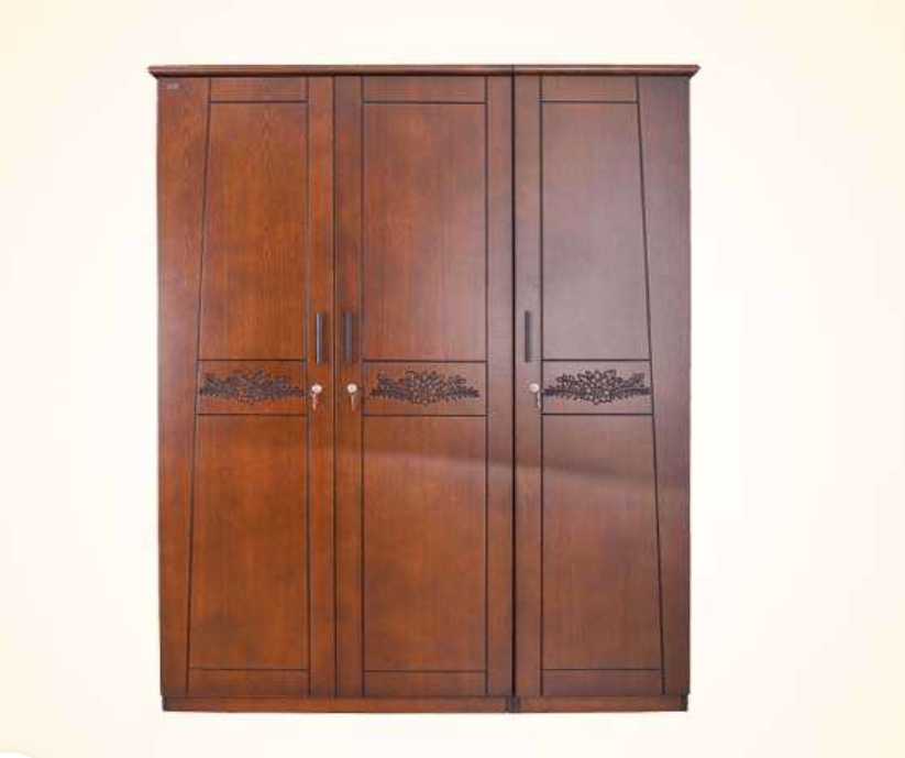 Classic 4 door wooden wardrobe with decorative carved panel design in Bangladesh