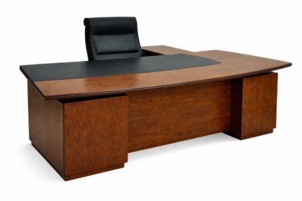 Large L-shaped executive director desk in dark walnut wood with charcoal gray accents and integrated wire management.