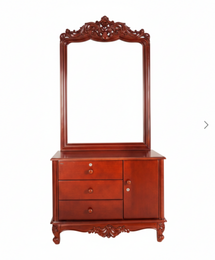 Classic wooden dressing table with large mirror, drawers and side cabinet
