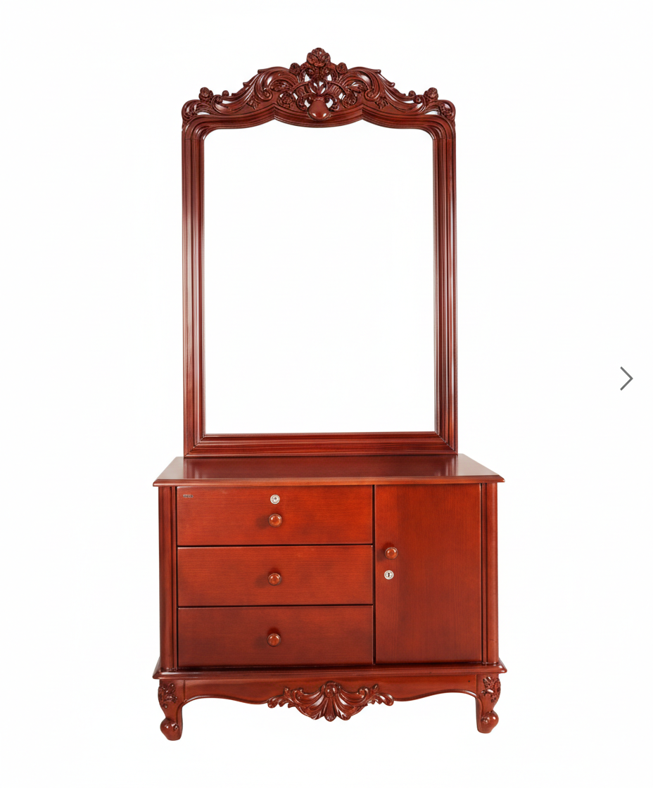Classic wooden dressing table with large mirror, drawers and side cabinet