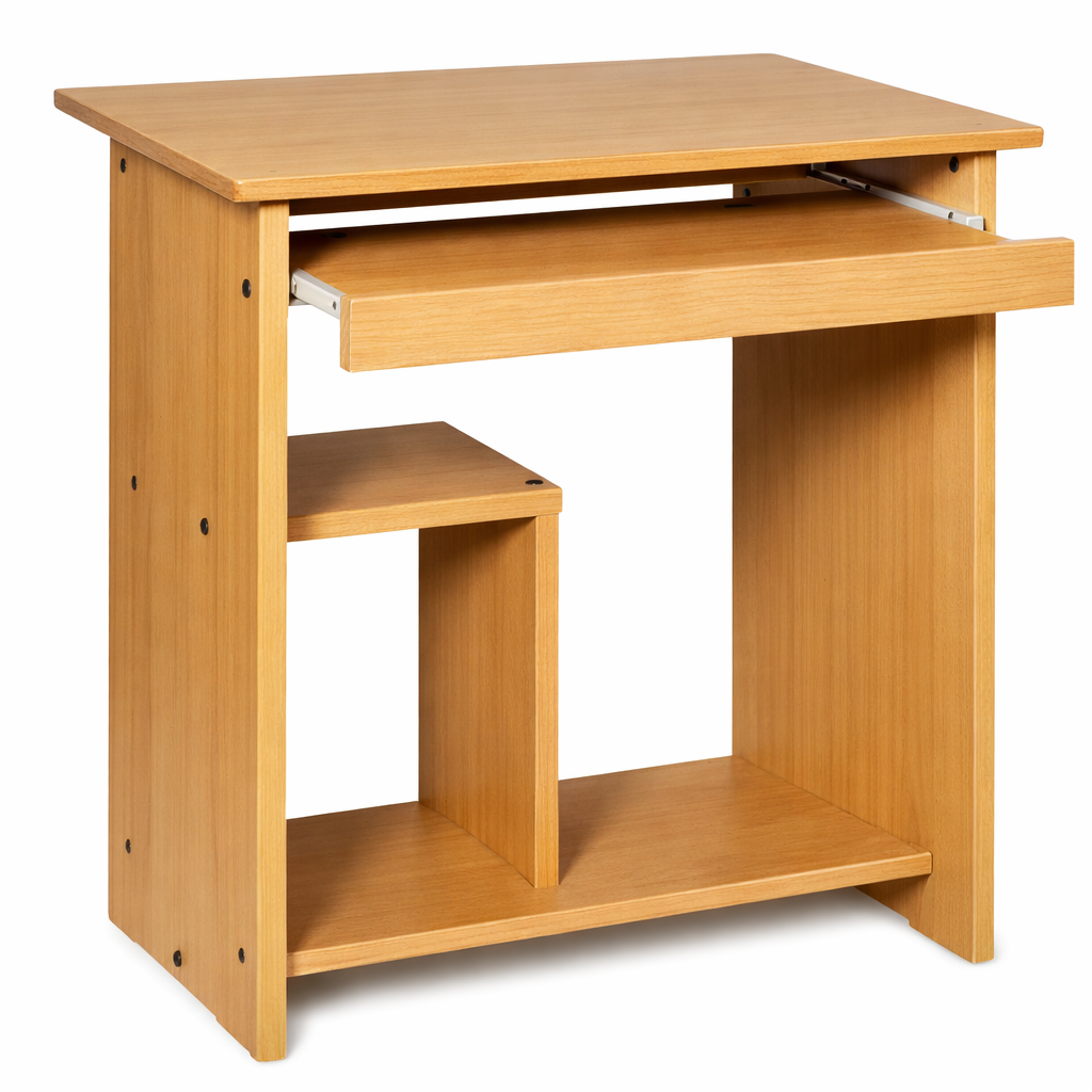 Compact Oak Computer Desk for Home Office Compact light oak wood computer desk with sliding keyboard tray, CPU shelf, and bottom storage shelf.