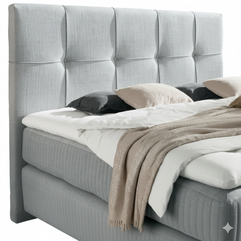 Luxury grey upholstered headboard bed with soft premium mattress and modern bedroom styling