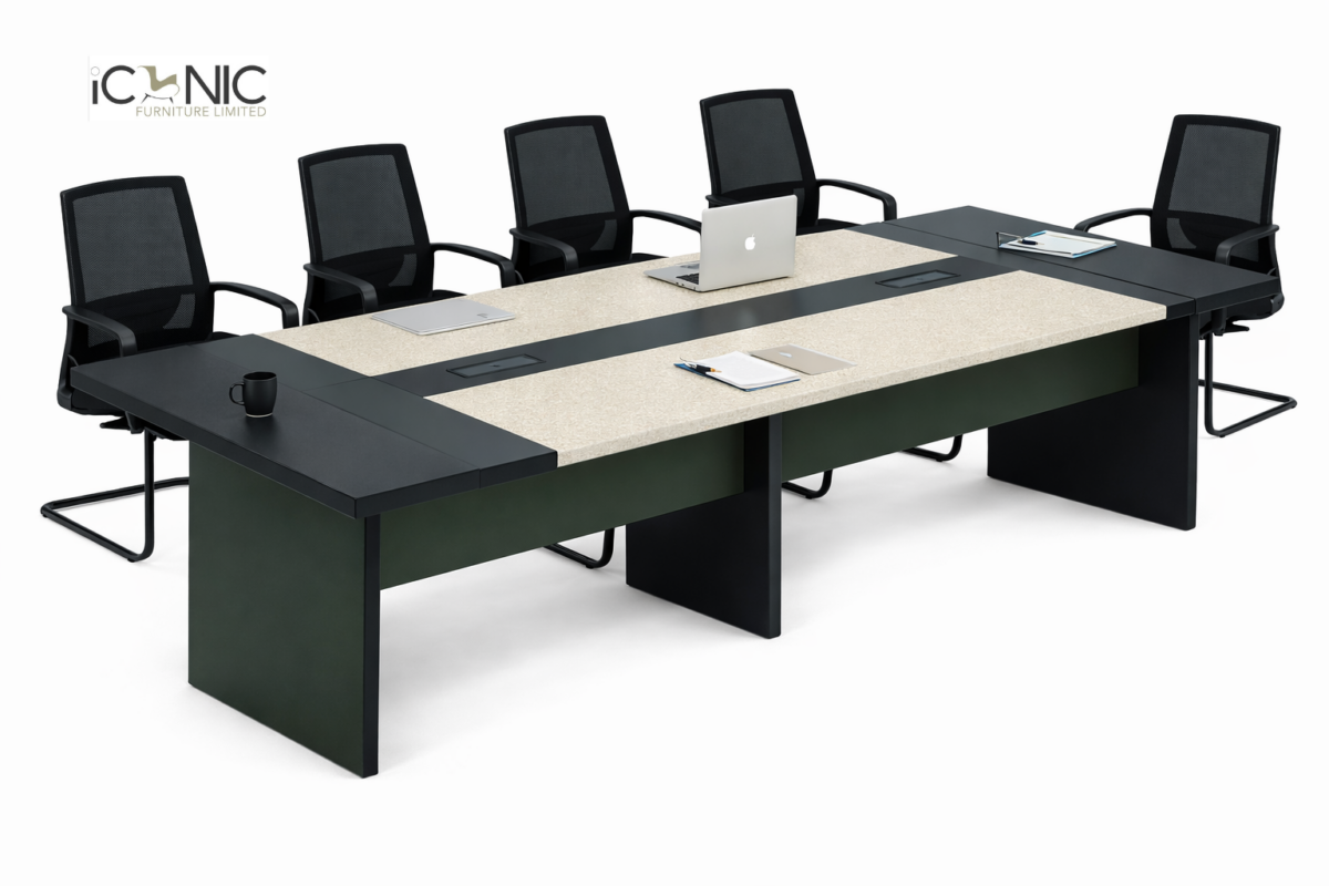 Rectangular conference table with stone-texture top and black executive chairs by Iconic Furniture Limited.