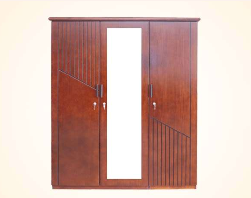 Modern wooden 3 door wardrobe with mirror and stylish panel design in Bangladesh
