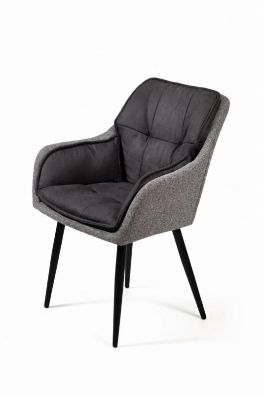 Iconic Furniture modern charcoal grey upholstered dining chair with black metal legs and padded seat cushion for home or office.