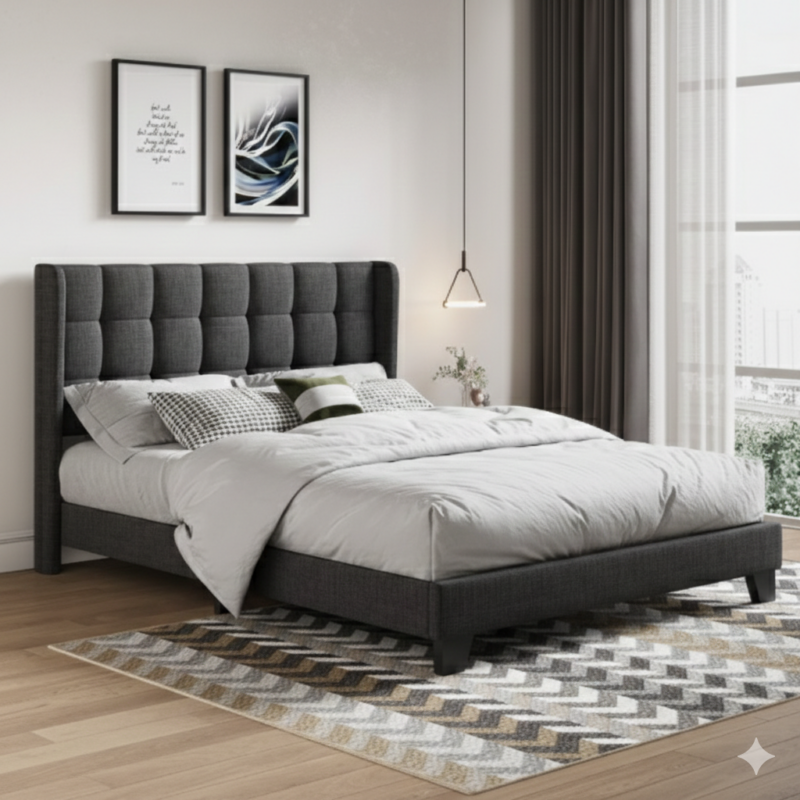 Modern dark grey upholstered headboard bed with soft mattress in a stylish contemporary bedroom