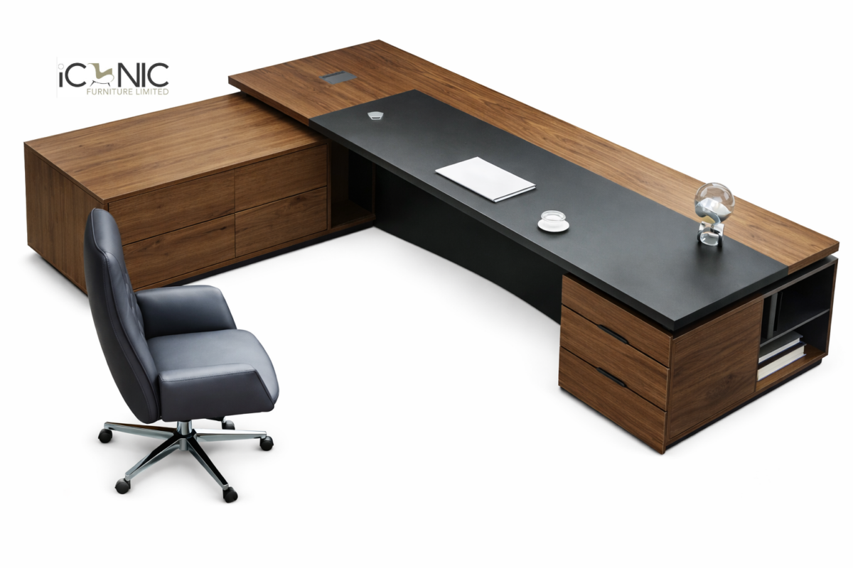 Iconic Furniture modern walnut and black executive director table with side return cabinet and ergonomic chair.