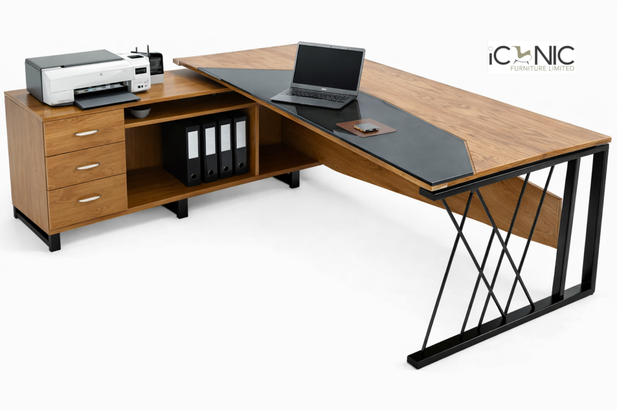 L-shaped executive director table with walnut finish and side cabinet by Iconic Furniture.