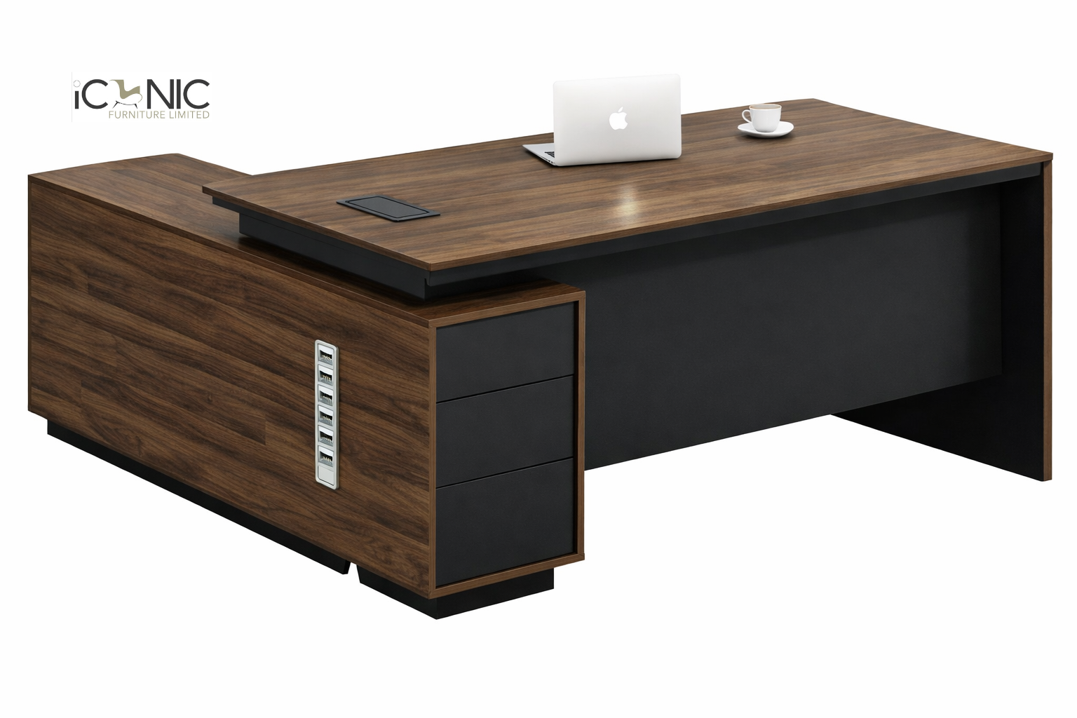 Professional Executive Workspace by Iconic Furniture Top view of L-shaped director table with walnut wood finish, black writing pad, and side storage return cabinet.