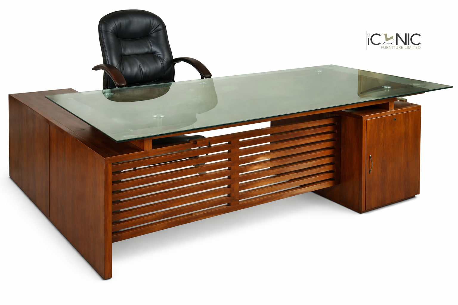 L-shaped executive office desk with glass top, slatted wooden front design, and side storage cabinet.