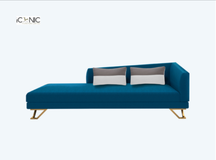 Modern blue fabric divan sofa chaise lounge with gold metal legs and cushions