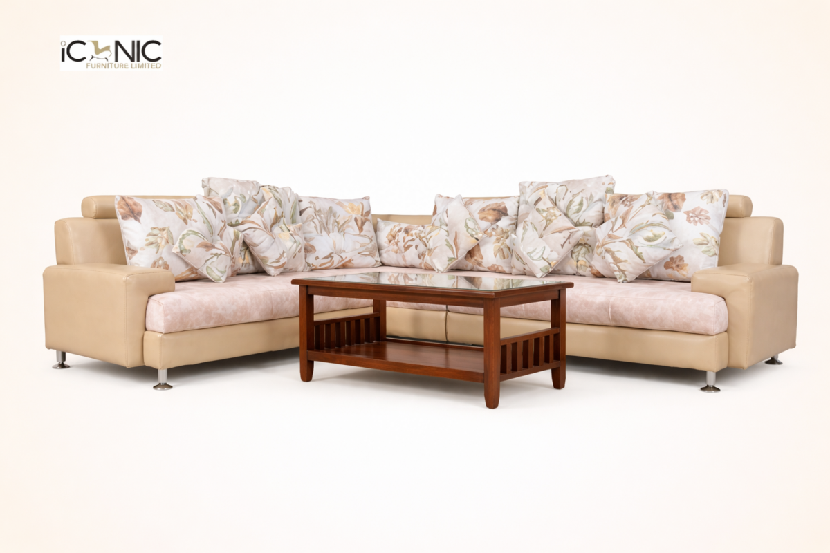 Iconic Furniture modern beige L-shaped sectional sofa with floral cushions and a dark wood coffee table for living room.