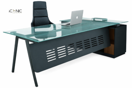 L-shaped tempered glass executive office desk with charcoal grey modesty panel and storage cabinet.