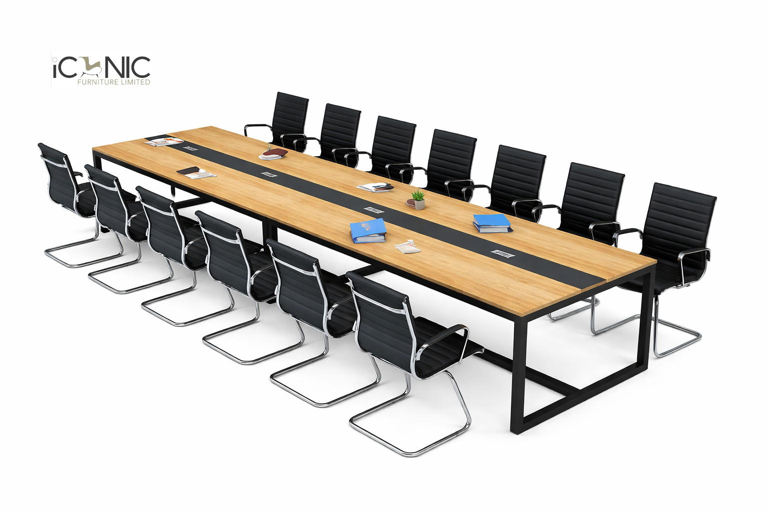 Long oak wood conference table with black metal frame and sleek cantilever chairs by Iconic Furniture Limited.