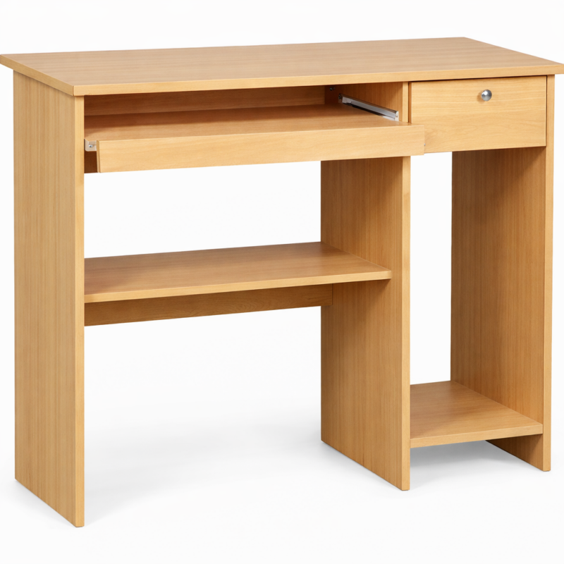 Minimalist light oak computer desk featuring a pull-out keyboard tray, a storage drawer with a silver handle, and a bottom utility shelf.