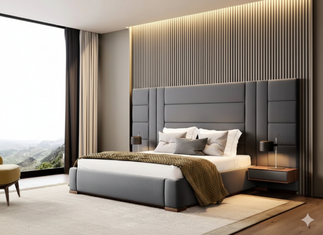 Modern luxury upholstered panel headboard bed with comfortable mattress in stylish bedroom interior