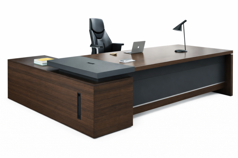 Large L-shaped executive director desk in dark walnut wood with charcoal gray accents and integrated wire management.