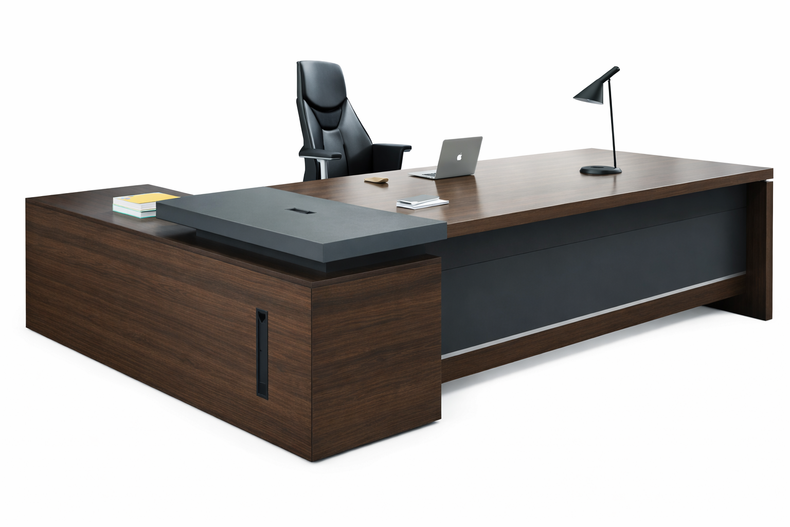 Modern Minimalist Director Desk Large L-shaped executive director desk in dark walnut wood with charcoal gray accents and integrated wire management.