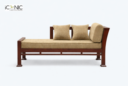 Iconic Furniture modern minimalist wooden daybed divan with beige fabric upholstery and solid mahogany wood frame for living room.