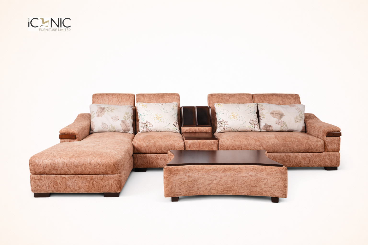 Iconic Furniture Premium Peach Sectional Sofa Set Iconic Furniture modern peach-colored L-shape sectional sofa with floral cushions, central console, and matching upholstered coffee table.