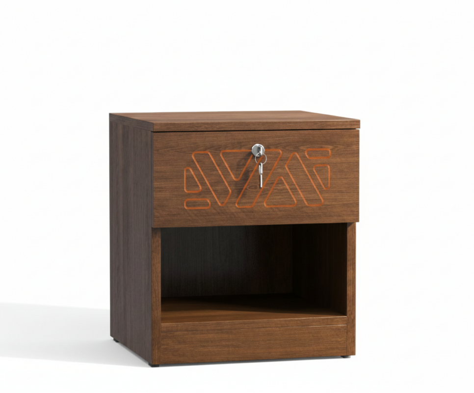 Wooden bedside table with lockable drawer and open shelf storage unit