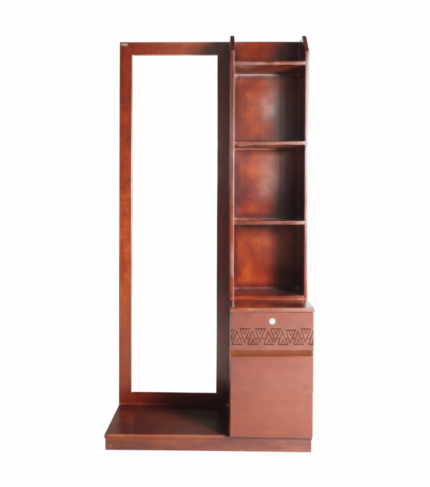 Wooden dressing table with full mirror, side shelves and storage drawer