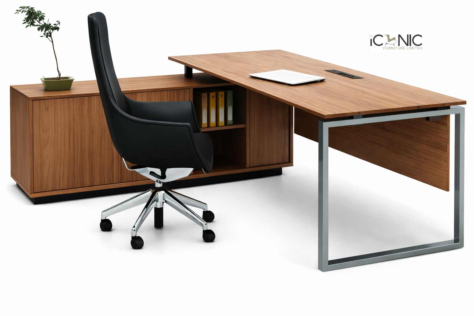 Modern Executive Director Table - Iconic Furniture L-shaped premium wooden director table with side storage cabinet and metal frame for executive offices.
