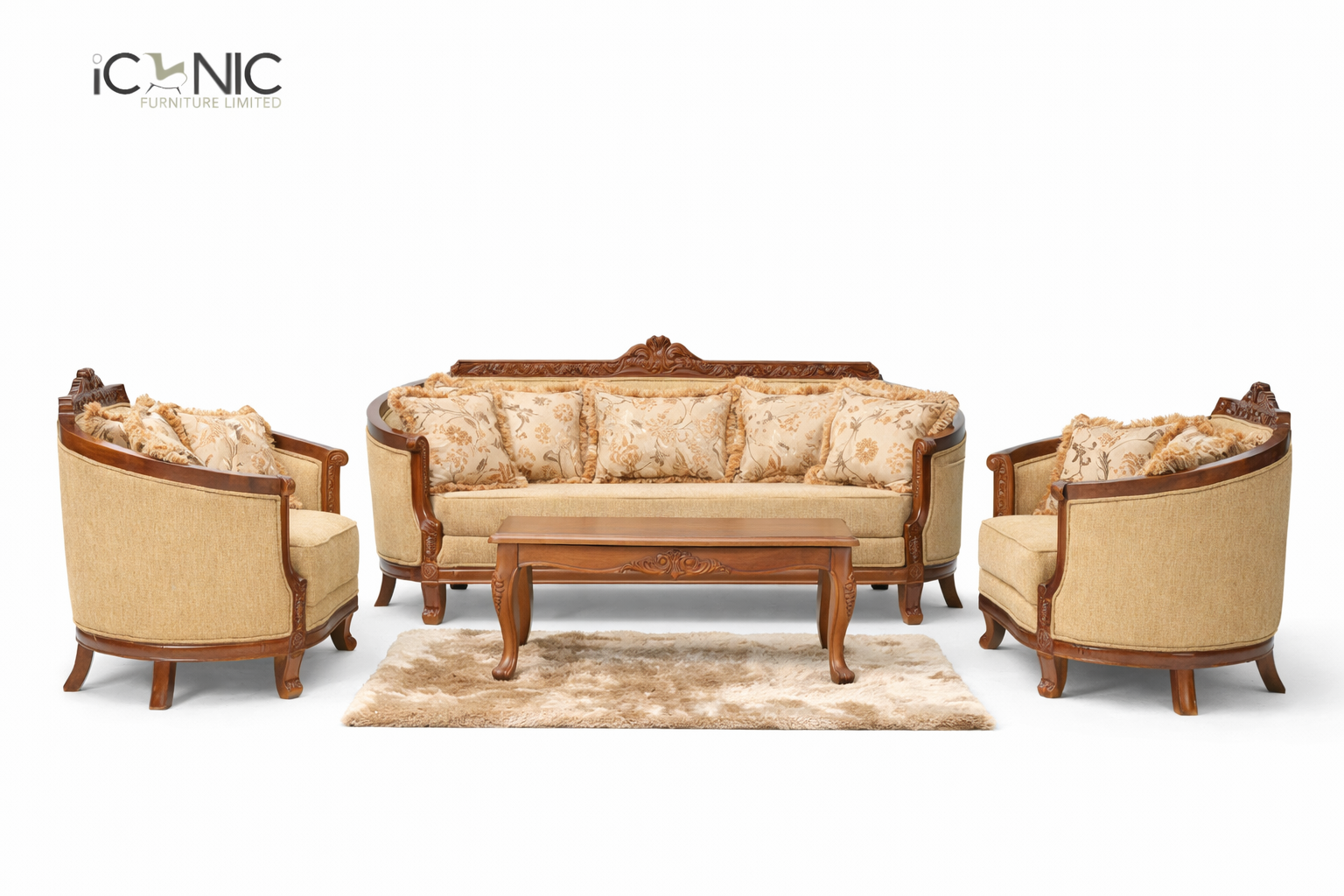 Iconic Furniture classic Victorian-style wooden sofa set with gold-toned fabric, intricate carvings, and matching mahogany coffee table.