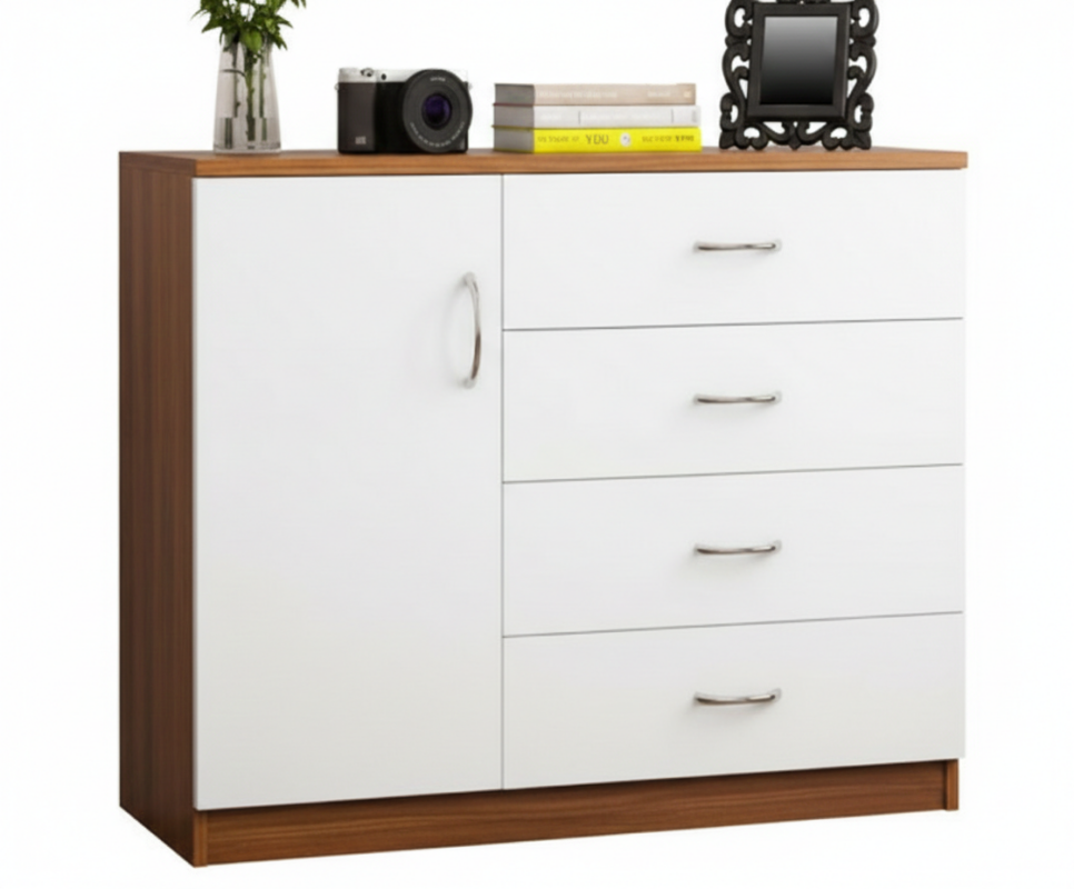 White wooden drawer storage cabinet with side door and multiple drawers in Bangladesh