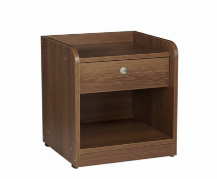 Compact wooden bedside table with lockable drawer and open shelf storage