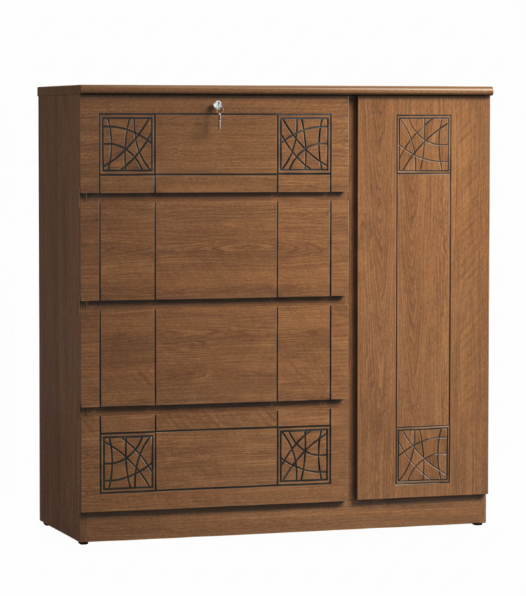 Wooden drawer door storage cabinet almirah with multiple drawers and side door in Bangladesh