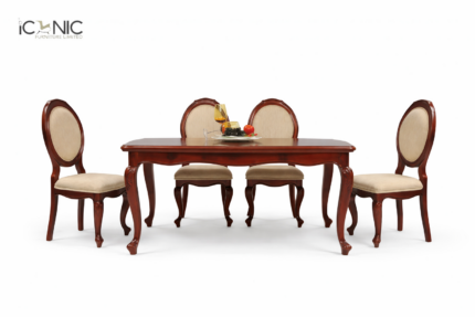 Classic 4 seater wooden dining table set with upholstered chairs for stylish dining room interior