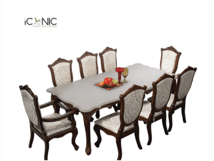 Classic 8 seater wooden dining table with upholstered chairs for elegant dining room interior