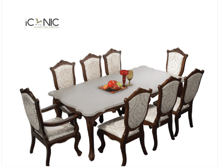 Classic 8 seater wooden dining table with upholstered chairs for elegant dining room interior