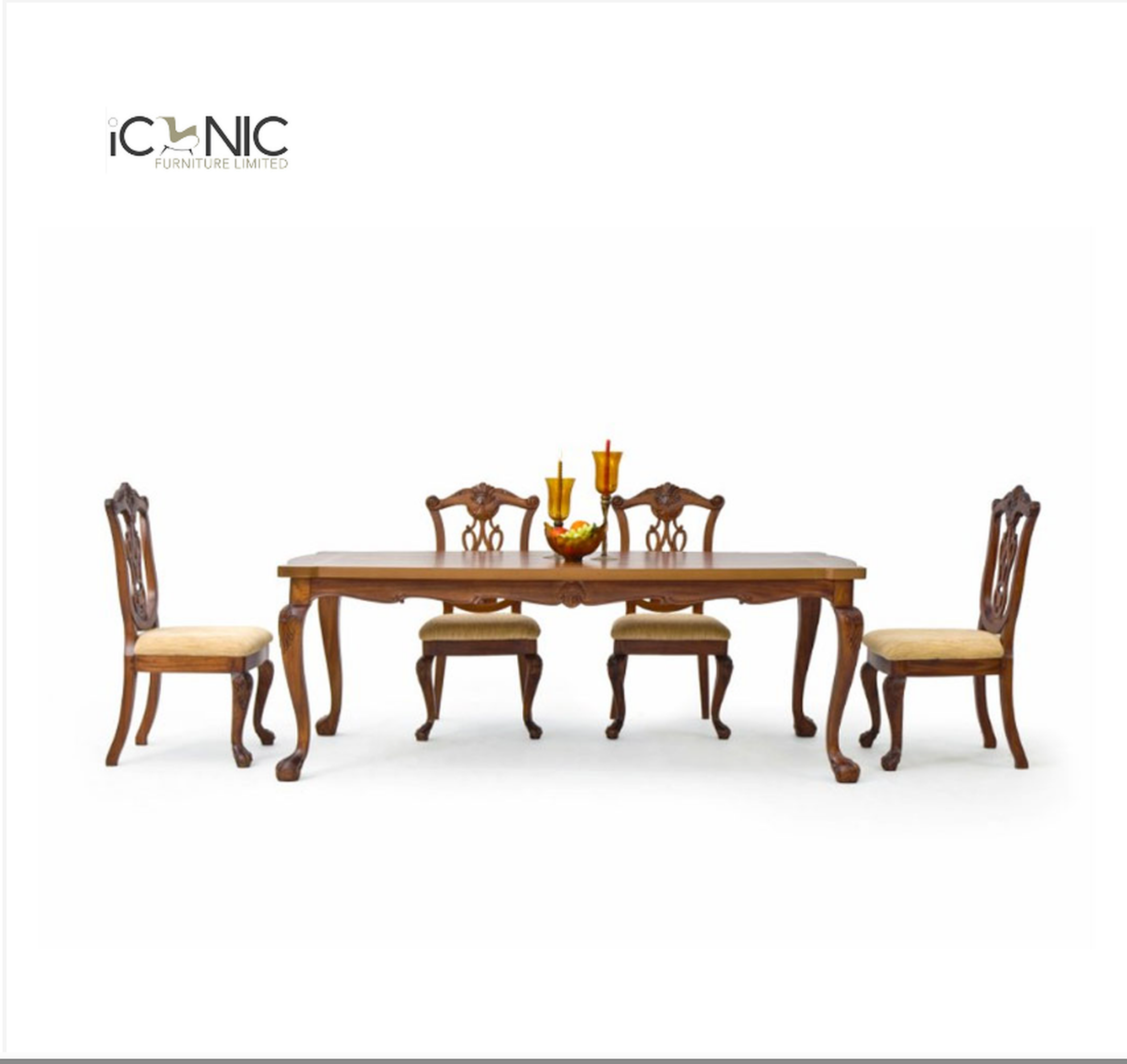 classic solid wood dining table set with six upholstered chairs
