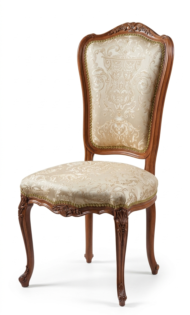 Classic wooden dining chair with carved legs and upholstered fabric backrest