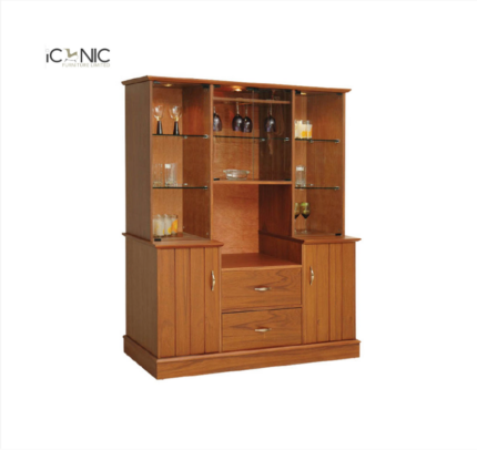 Modern wooden dining display cabinet with glass shelves and storage drawers