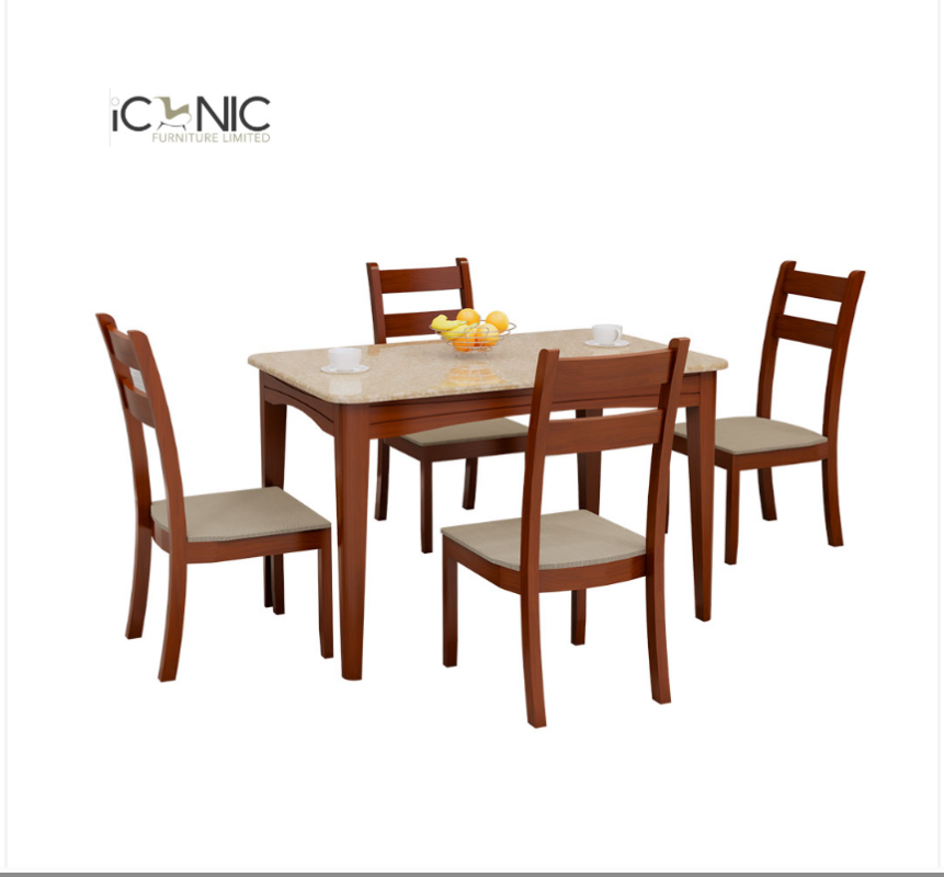 Modern 4 seater wooden dining table set with cushioned chairs and marble style tabletop