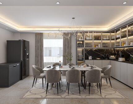 modern kitchen interior design with dining table setup and luxury cabinets