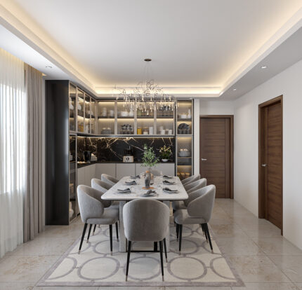 modern kitchen interior design with dining table setup and cabinet storage