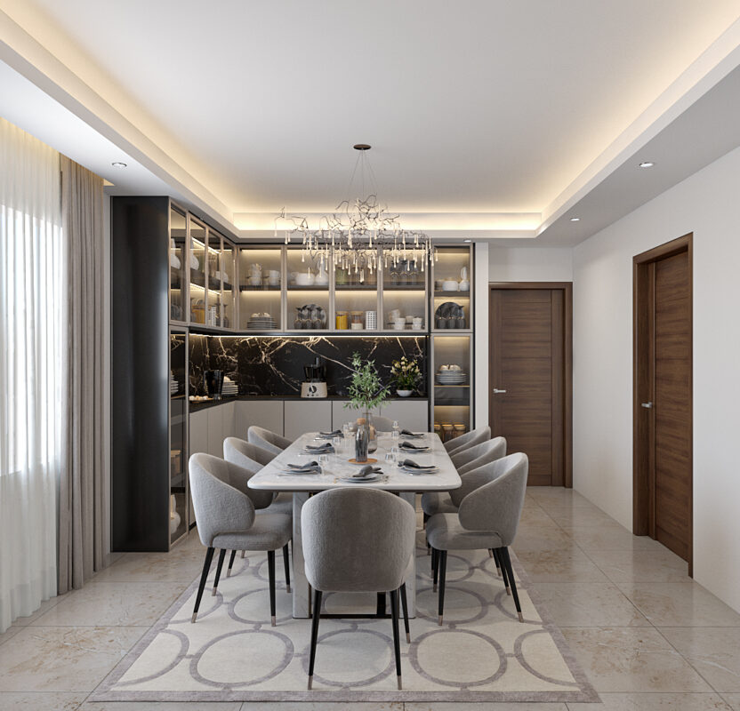 modern kitchen interior design with dining table setup and cabinet storage