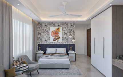 Modern master bedroom interior with upholstered bed, decorative wall art, built-in wardrobe, pendant lighting and elegant curtains