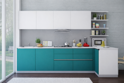 modern modular kitchen cabinet with teal lower cabinets and white upper cabinets