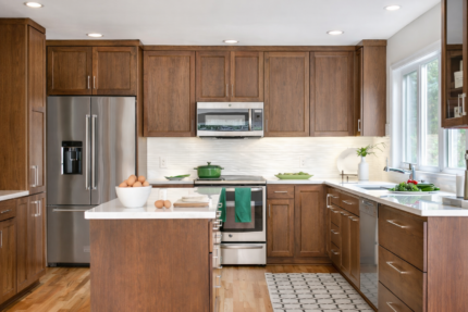 modern wooden kitchen cabinet with white countertop and island storage