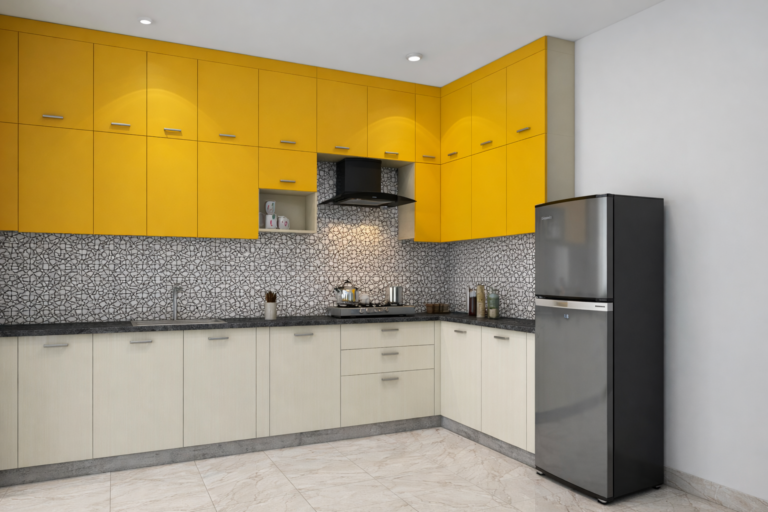 modern yellow modular kitchen cabinet with upper and lower storage units
